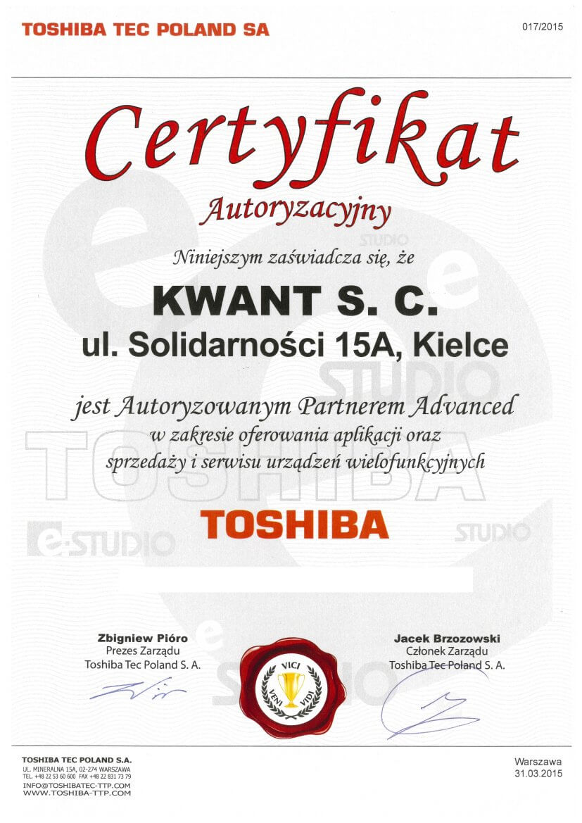 Certyfikat Toshiby